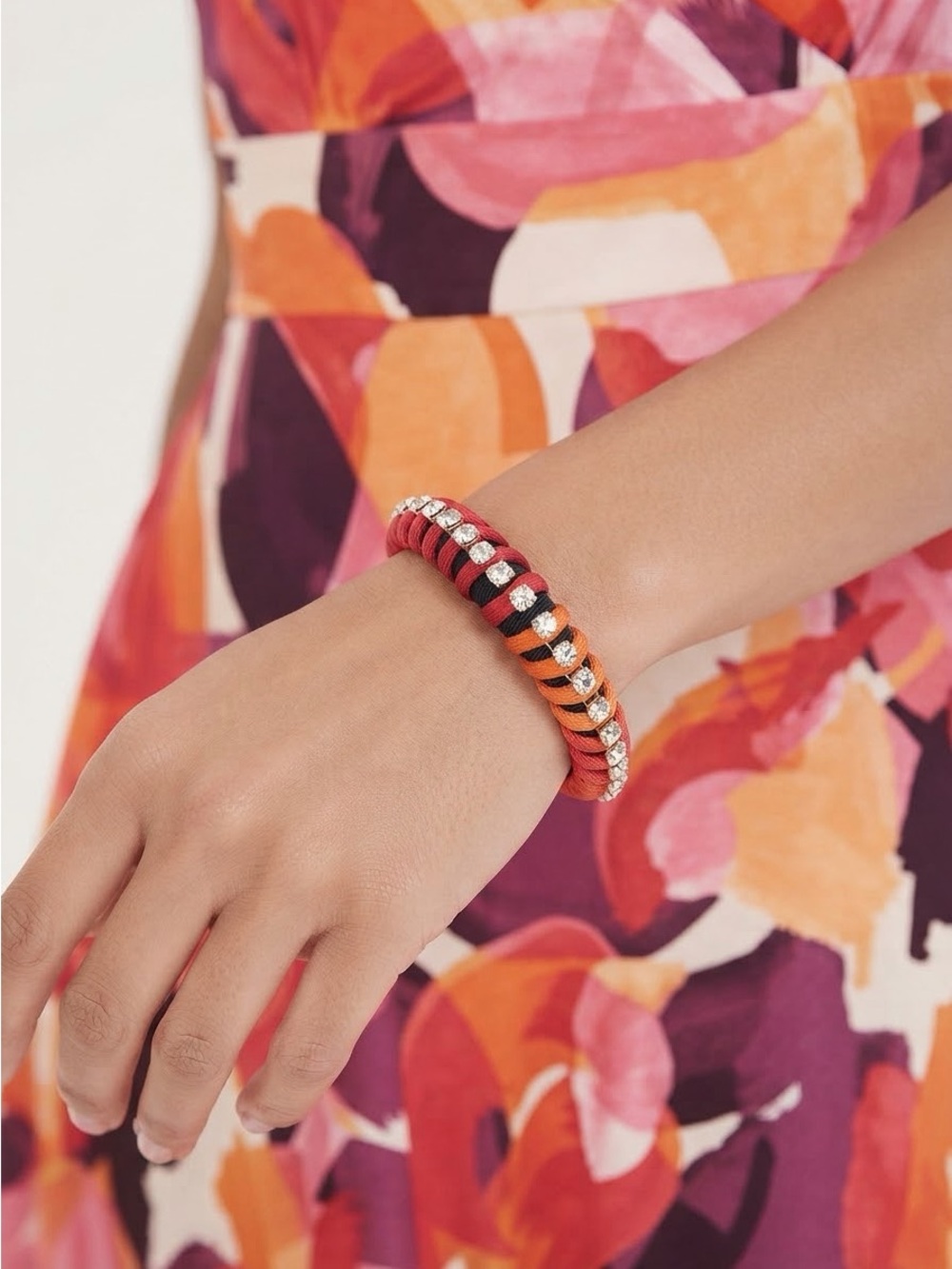 Orange Hot Pink Silk Thread Bangle | Rhinestone Chain Border Statement Bangle - Picture 8 of 14